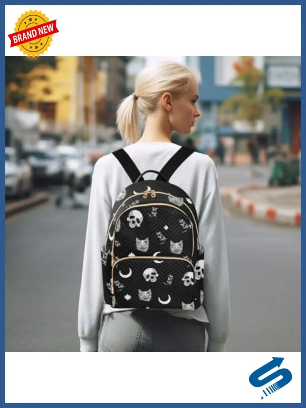 Gothic Skull Cat Moon Quilted Backpack Purse Women Travel Daypack